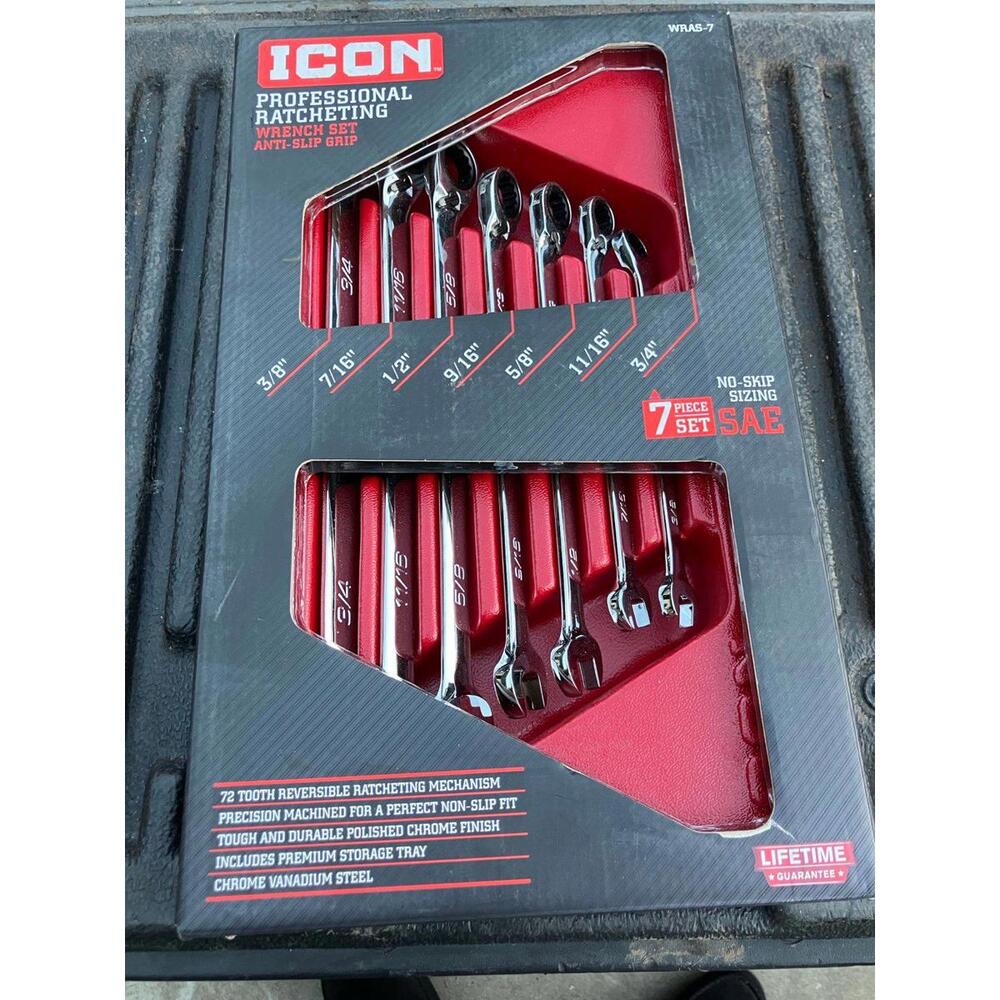 ICON WRAS-7 Anti-Slip Grip Professional SAE Ratcheting Combination Wrench Set